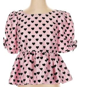 Pink Heart Print Puff Sleeve Top